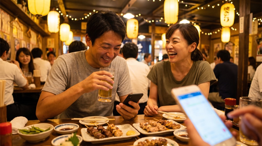 来店中にスマホを見て笑う二人連れ